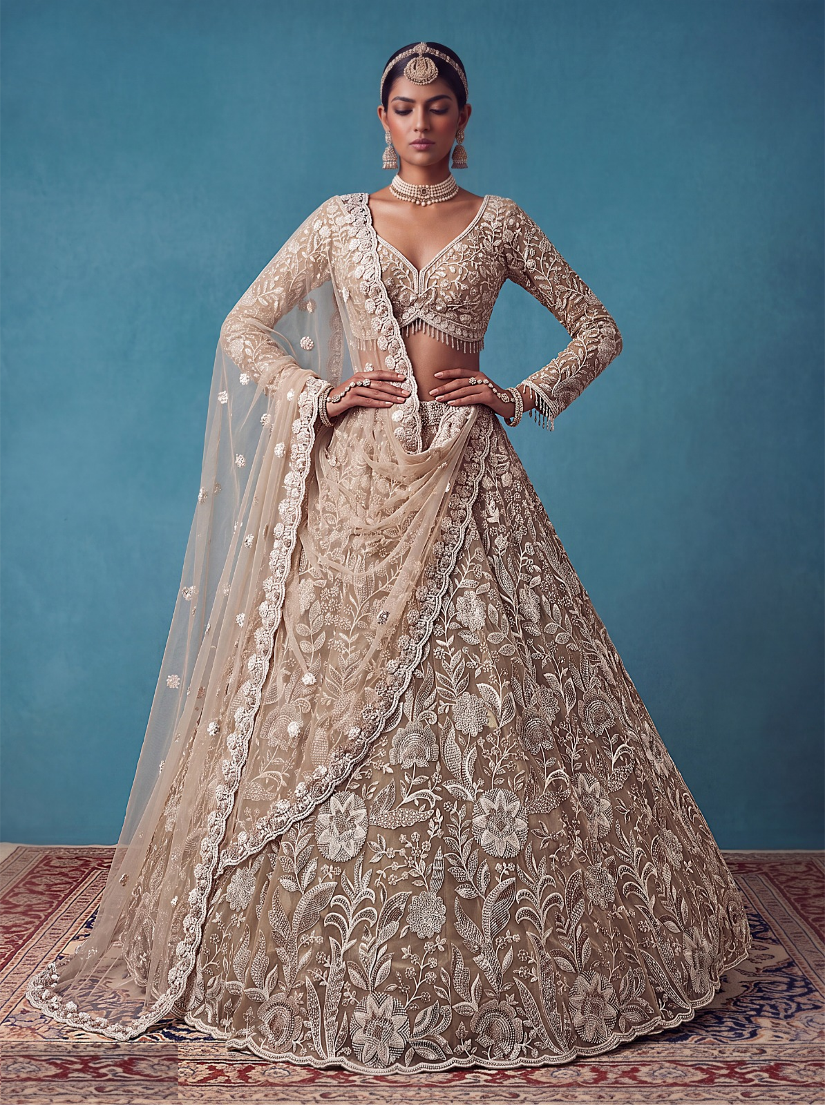 Flattering Beige Net Embroidery Sequins Work Bridal Lehenga