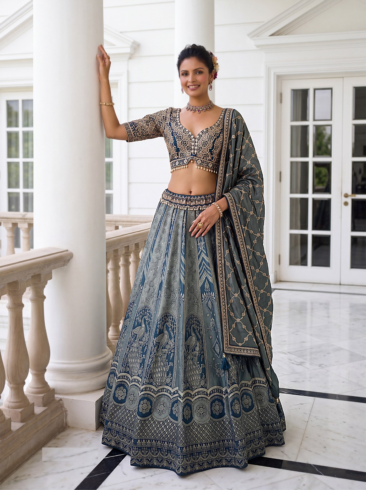 Iconic Teal Silk Embroidery Sequins Work Bridal Lehenga