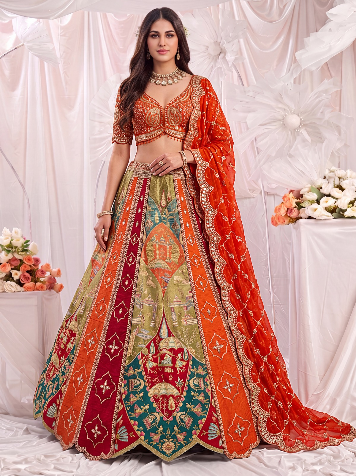 Sumptuous Orange Multi Silk Embroidery Sequins Work Bridal Lehenga