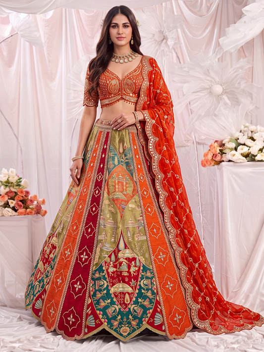 Sumptuous Orange Multi Silk Embroidery Sequins Work Bridal Lehenga