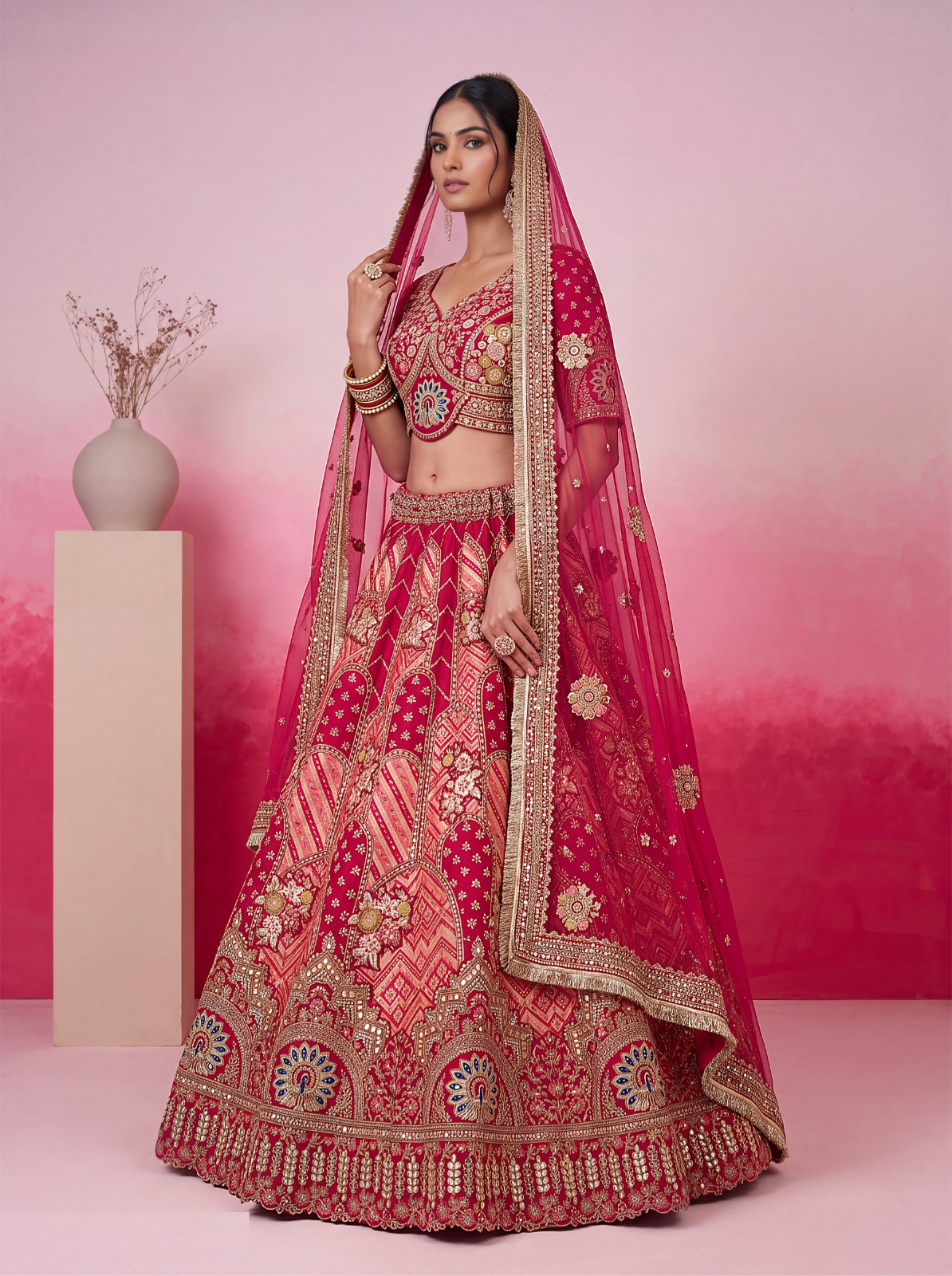 Statement-Making Pink Silk Embroidery Sequins Work Bridal Lehenga