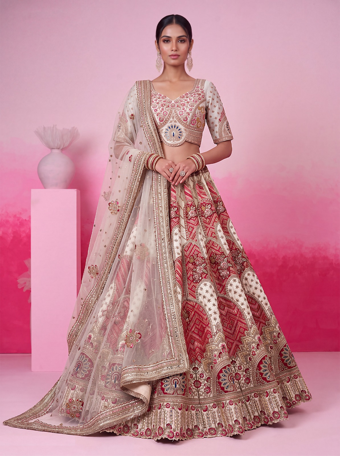 Couture White Multi Silk Embroidery Sequins Work Bridal Lehenga