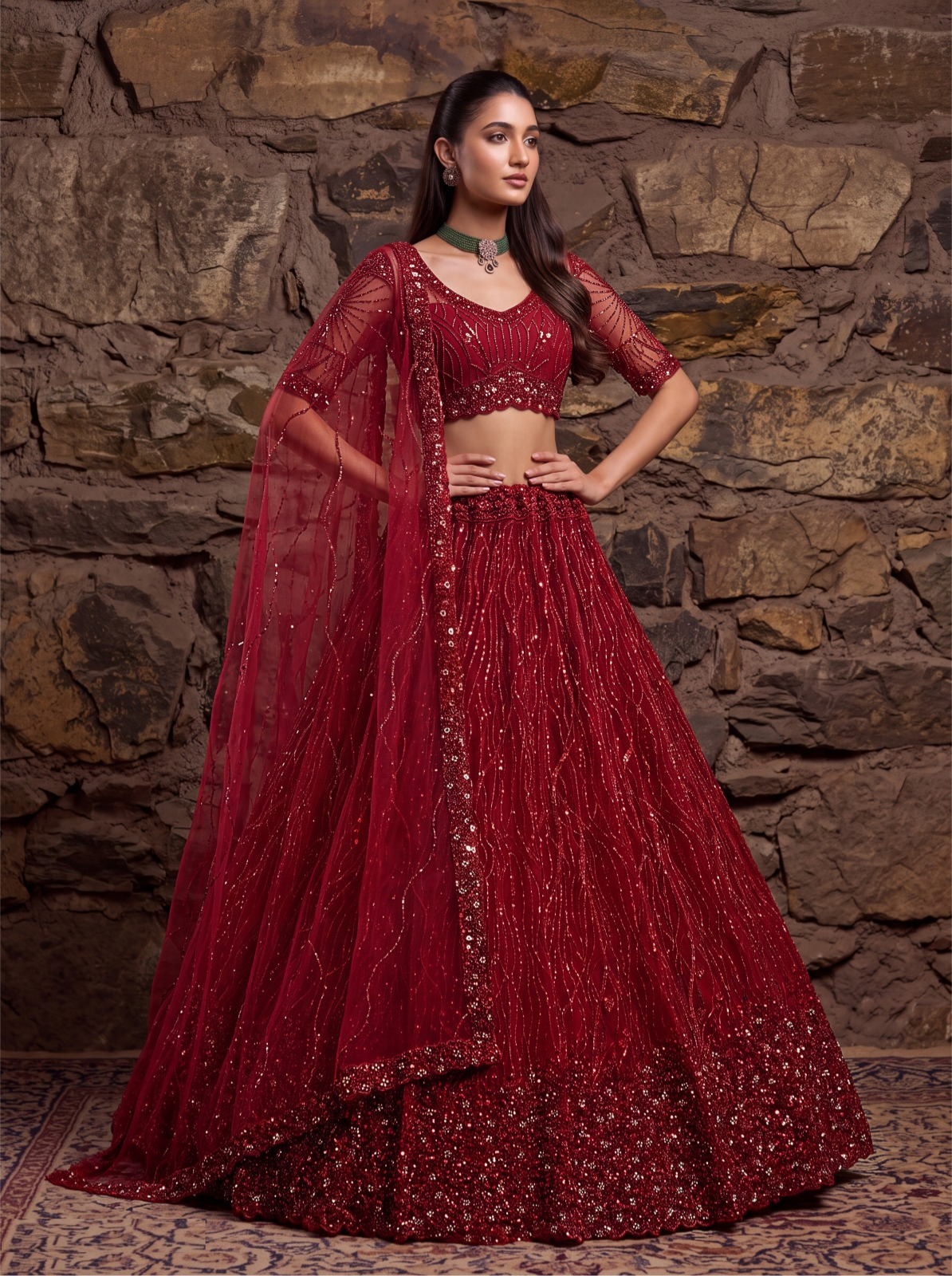 Lustrous Maroon Net Embroidery Sequins Work Bridal Lehenga