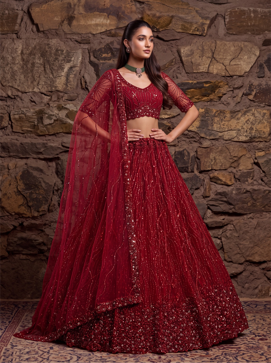 Lustrous Maroon Net Embroidery Sequins Work Bridal Lehenga