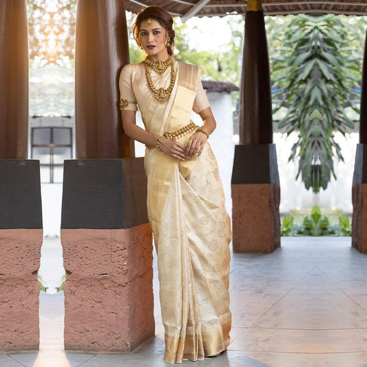 Women Off White Kanjivaram Soft Silk Saree