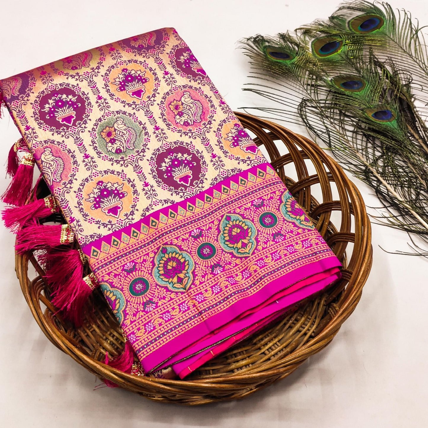 Graceful Pink and Gold Kanjivaram Silk Saree with Meenakari work
