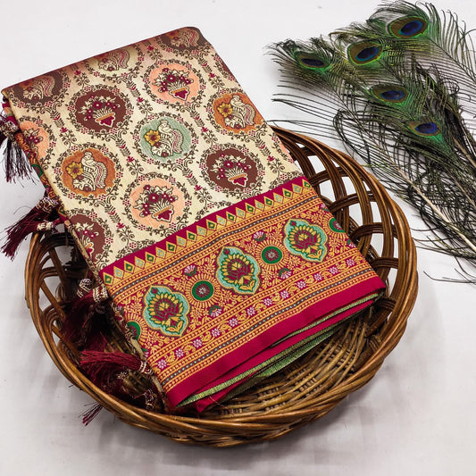 Stylish Maroon and Gold Kanjivaram Silk Saree with Meenakari work