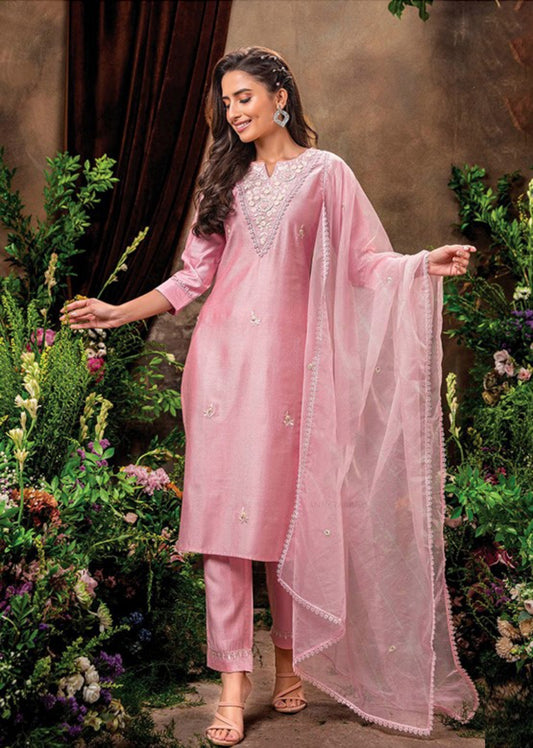 Women Light Pink Viscose Kurta Trouser With Dupatta