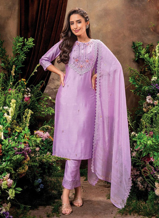 Women Purple Viscose Embroidery Kurta Trouser With Dupatta