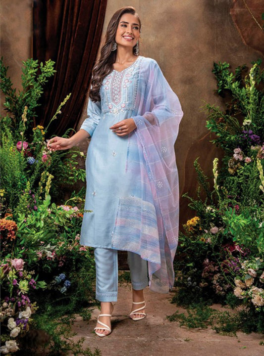 Women Light Blue Viscose Embroidery Kurta Trouser With Dupatta