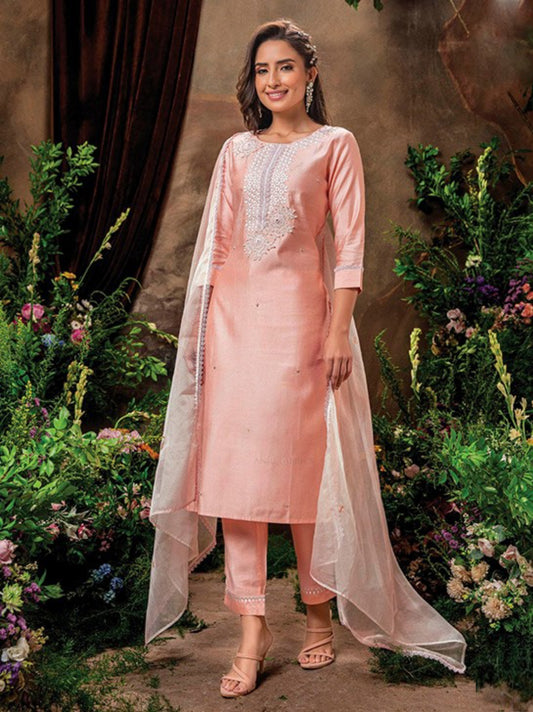 Women Peach Viscose Embroidery Kurta Trouser With Dupatta
