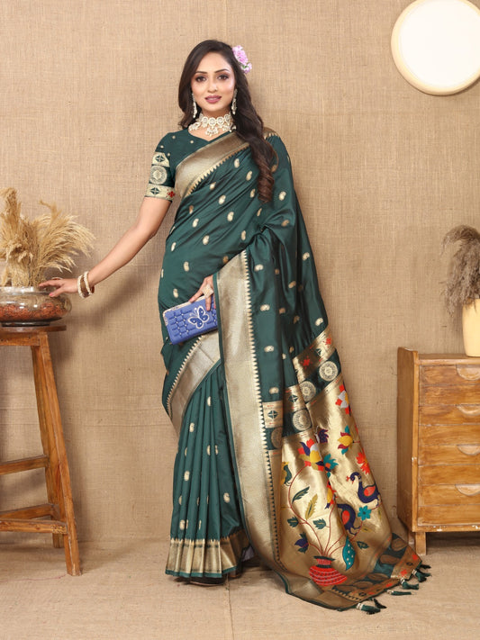 Women Bottle Green Paithani Soft Silk Saree