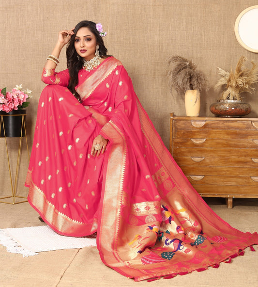 Lovely Pink Paithani Soft Silk Saree