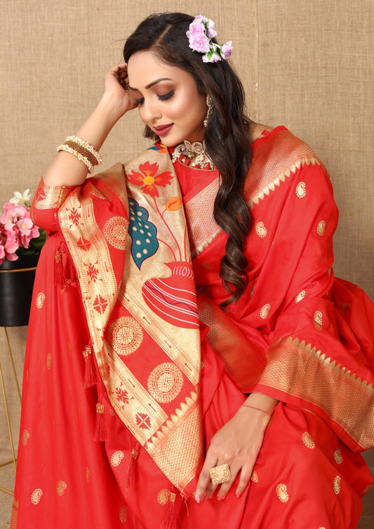 Women Red Paithani Soft Silk Saree