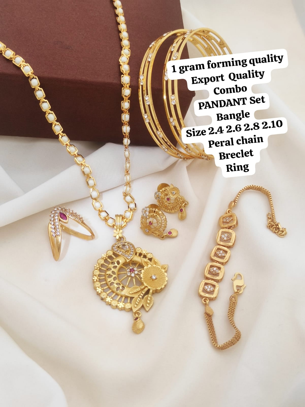 Gold Forming Combo Sets That Include A Pendant With A Matching Chain, Earrings, Bangles, And A Bracelet