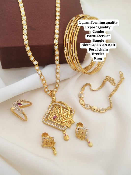 Dainty Gold Forming Combo Sets That Include A Pendant With A Matching Chain, Earrings, Bangles, And A Bracelet