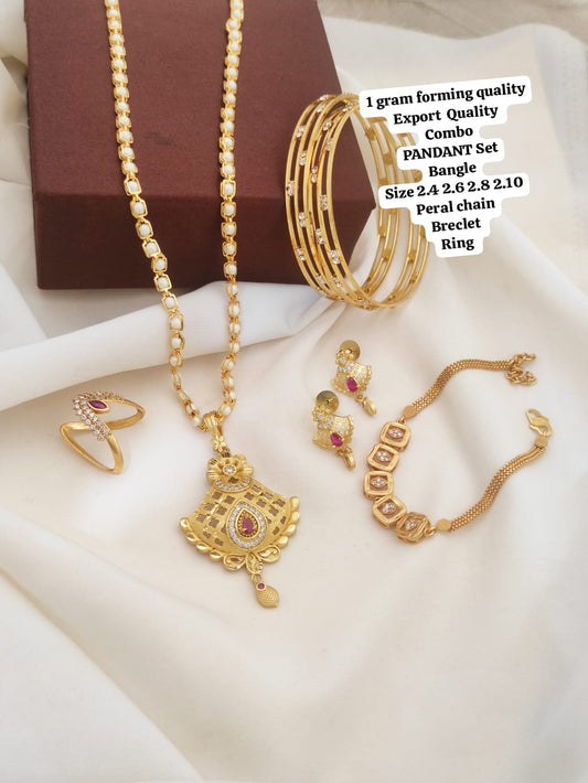 Delicate Gold Forming Combo Sets That Include A Pendant With A Matching Chain, Earrings, Bangles, And A Bracelet
