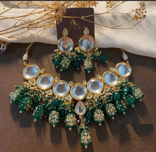 Elegant Meenakari Green And White Stone Necklace Set