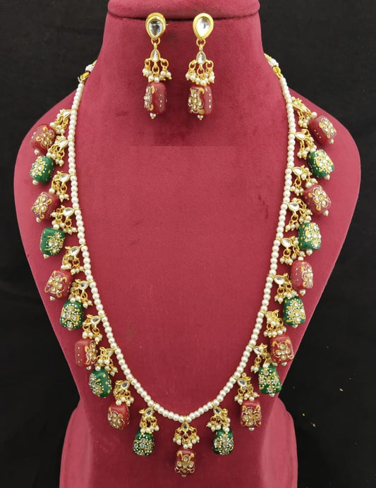Elegant Meenakari Pink And Green Stone Necklace Set