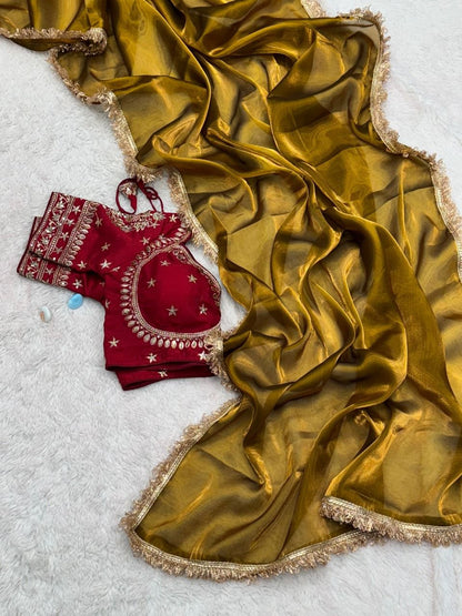 Stylish Gold And Maroon Silk Jimmi Chu Silk Saree