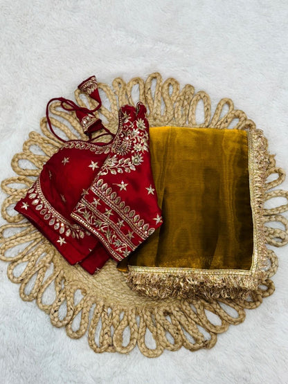 Stylish Gold And Maroon Silk Jimmi Chu Silk Saree