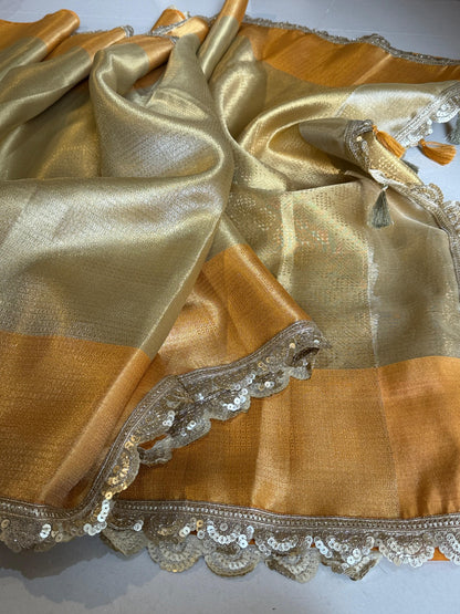 Gleaming Gold And Orange Banarasi Zari Tanchui Kanchipuram Soft Silk Saree