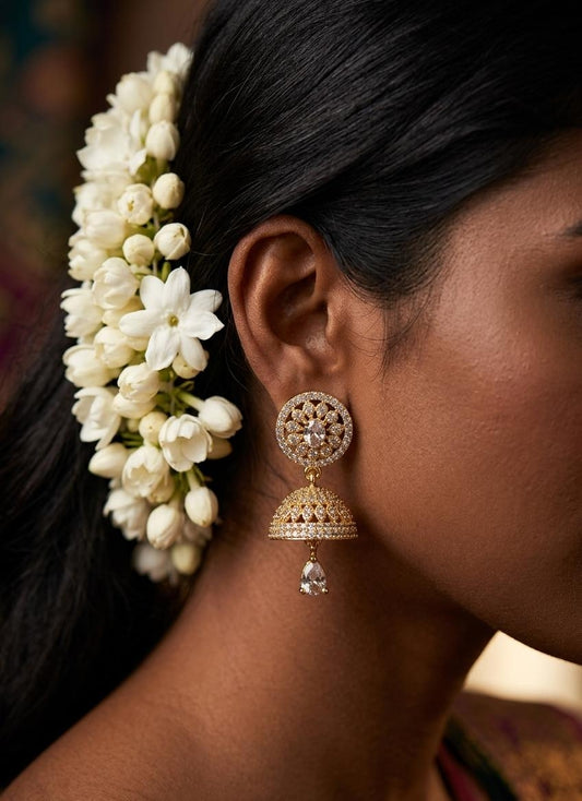 Gold Plated Jhumka Earrings Featuring Intricate Cubic Zirconia Stone
