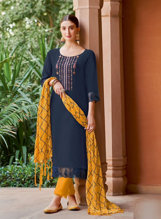 Stylish Blue And Mustard Viscose Embroidery Suit Set