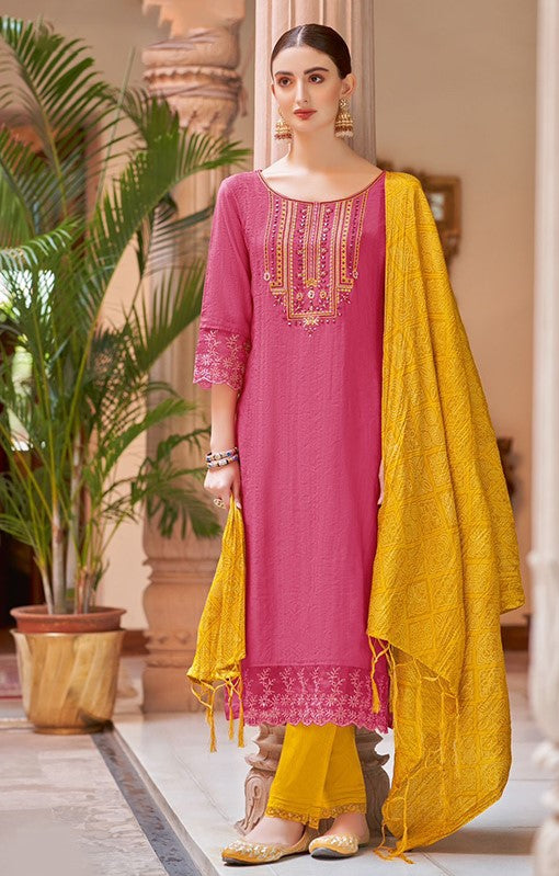 Women Viscose Pink And Mustard Embroidery Suit Set