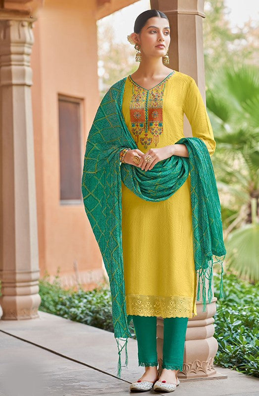 Beautiful Yellow And Green Viscose Embroidery Suit Set