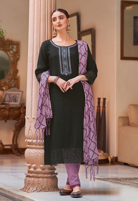 Black And Purple Viscose Embroidery Suit Set
