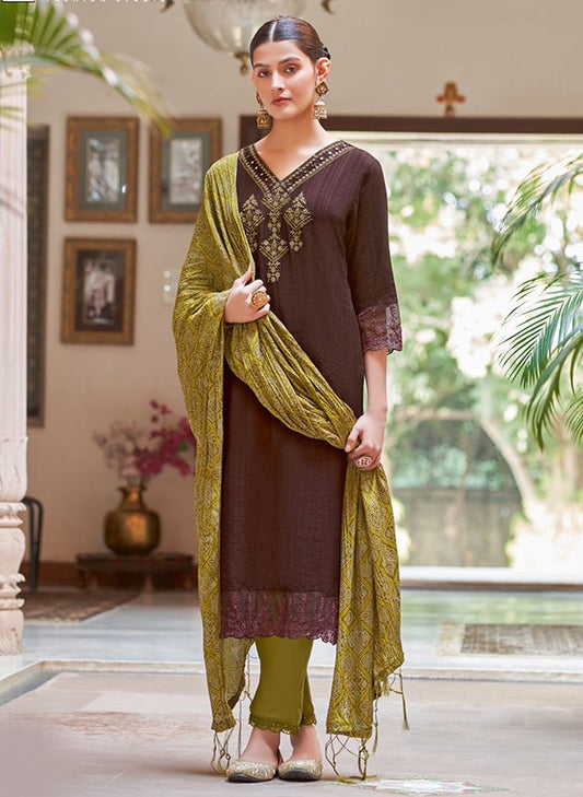 Classic Dark Brown And Green Embroidery Suit Set