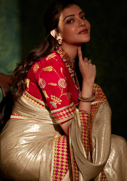 Breathtaking Beige And Red Premium Febric With Embroidery Or Swrovski Work Saree