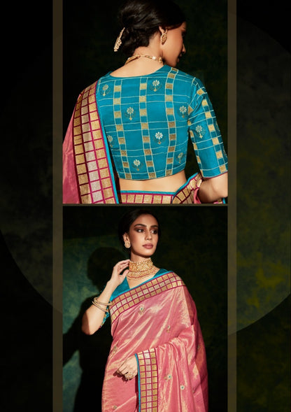 Gleaming Pink And Teal Premium Febric With Embroidery Or Swrovski Work Saree