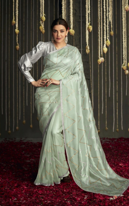 Immaculate Light Green And Grey Premium Febric With Embroidery Or Swrovski Work Saree