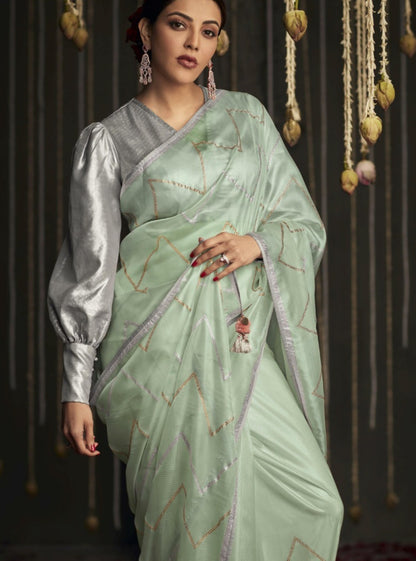 Immaculate Light Green And Grey Premium Febric With Embroidery Or Swrovski Work Saree