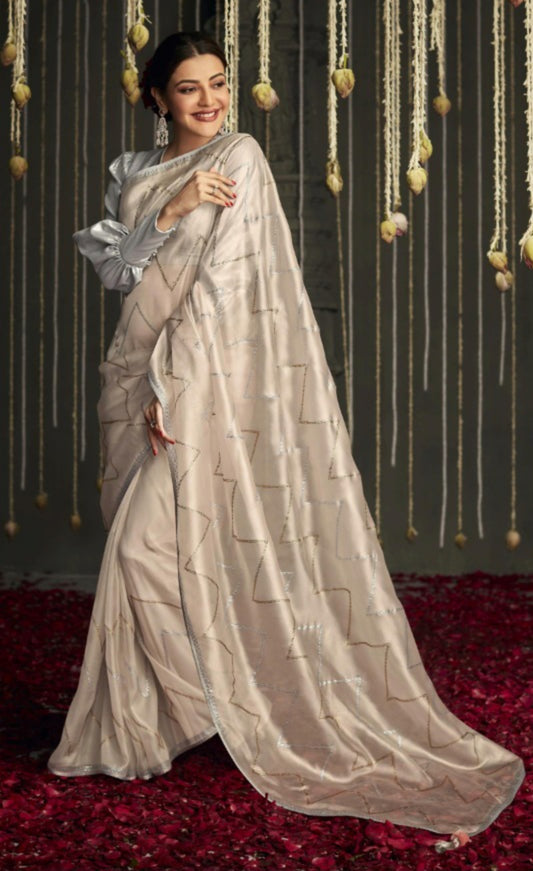 Vivid Peach And Grey Premium Febric With Embroidery Or Swrovski Work Saree