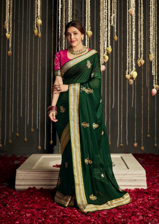 Sculpted Green And Pnk Premium Febric With Embroidery Or Swrovski Work Saree