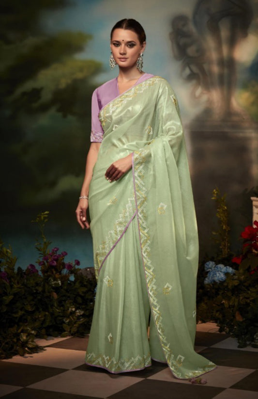 Flattering Light Green And Violet Premium Febric With Embroidery Or Swrovski Work Saree