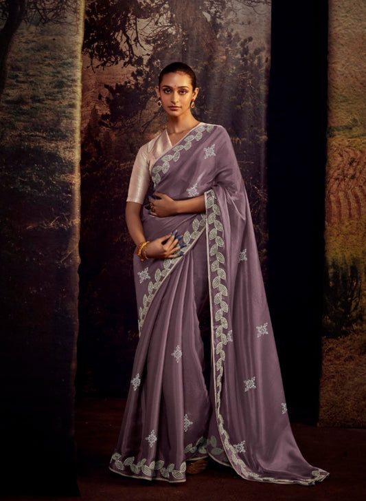 Sublime Violet Premium Febric With Embroidery Or Swrovski Work Saree