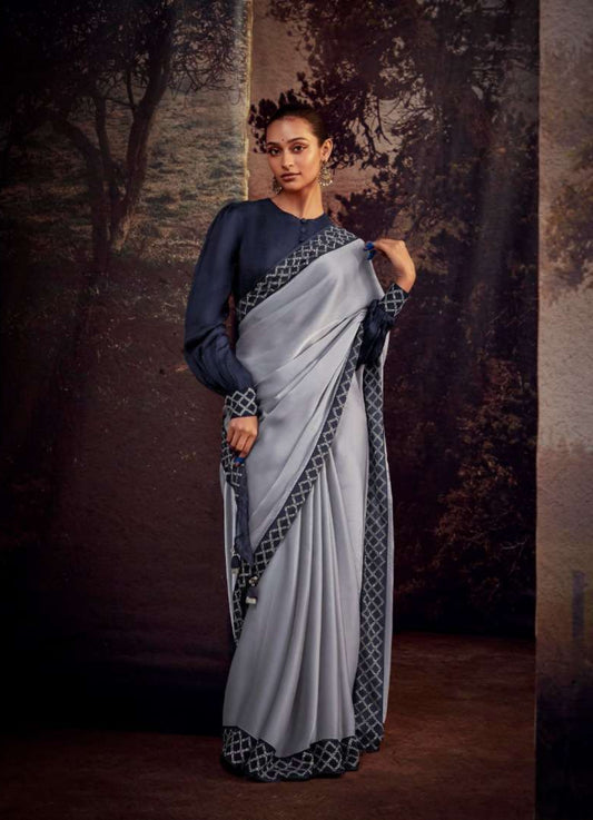 Iconic Grey And Navy Blue Premium Febric With Embroidery Or Swrovski Work Saree