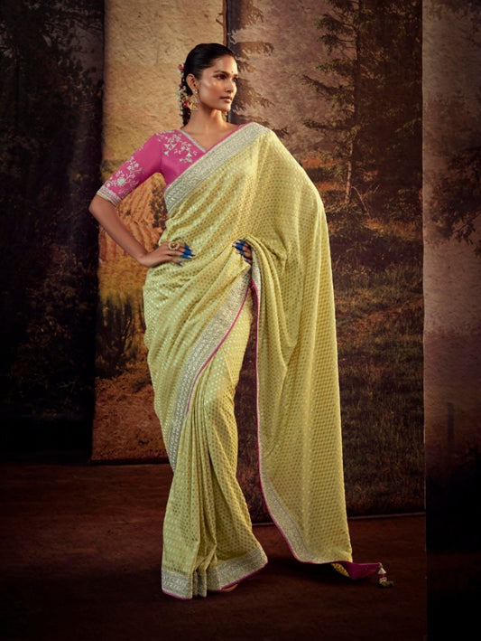 Sumptuous Light Yellow And Pink Premium Febric With Embroidery Or Swrovski Work Saree