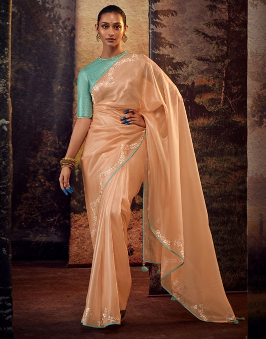 Statement-Making Peach And Blue Premium Febric With Embroidery Or Swrovski Work Saree