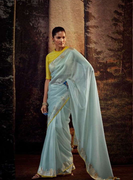 Couture Light Blue And Yellow Premium Febric With Embroidery Or Swrovski Work Saree