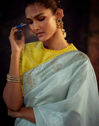 Couture Light Blue And Yellow Premium Febric With Embroidery Or Swrovski Work Saree