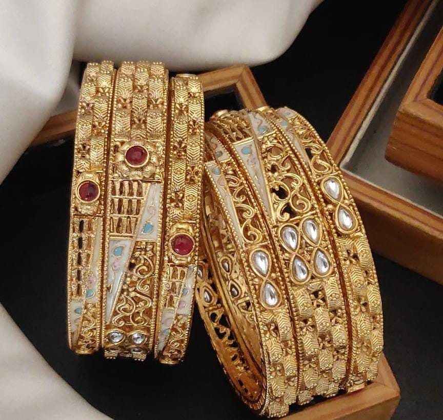 Fabulus Gold Plated Brass Bangle Set Featuring Intricate Featuring And Studded Stones