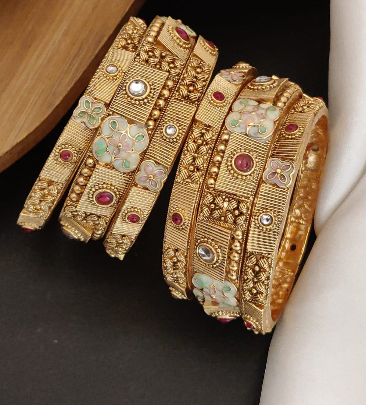 Antique Allure Gold Plated Brass Bangle Set Featuring Intricate Featuring And Studded Stones