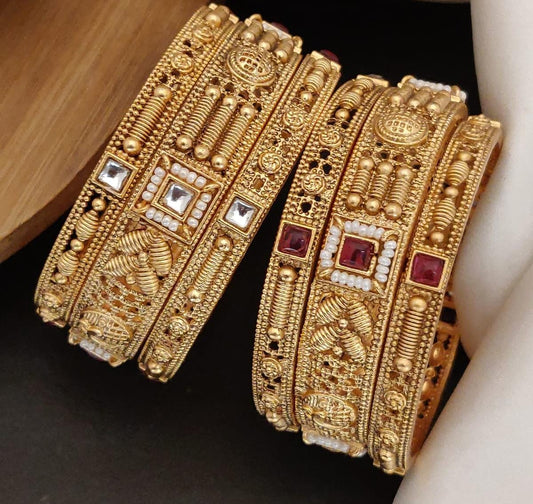 Vintage Vibes Gold Plated Brass Bangle Set Featuring Intricate Featuring And Studded Stones