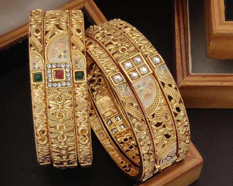 Heirloom Heritage Gold Plated Brass Bangle Set Featuring Intricate Featuring And Studded Stones