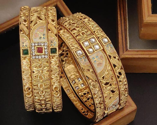 Heirloom Heritage Gold Plated Brass Bangle Set Featuring Intricate Featuring And Studded Stones
